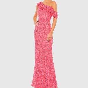 Sequined Drop Shoulder Trumpet Gown Watermelon Pink Sequin Dress